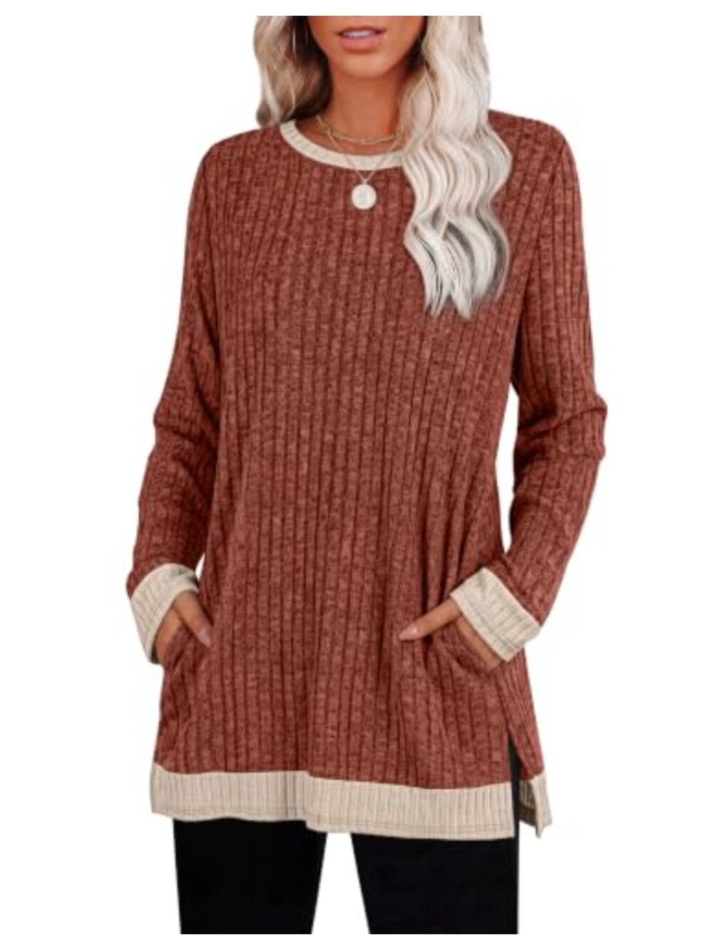 SAMPEEL Ribbed Knit Tunic Sweater Long Sleeve with Pockets Crew Neck Pullover